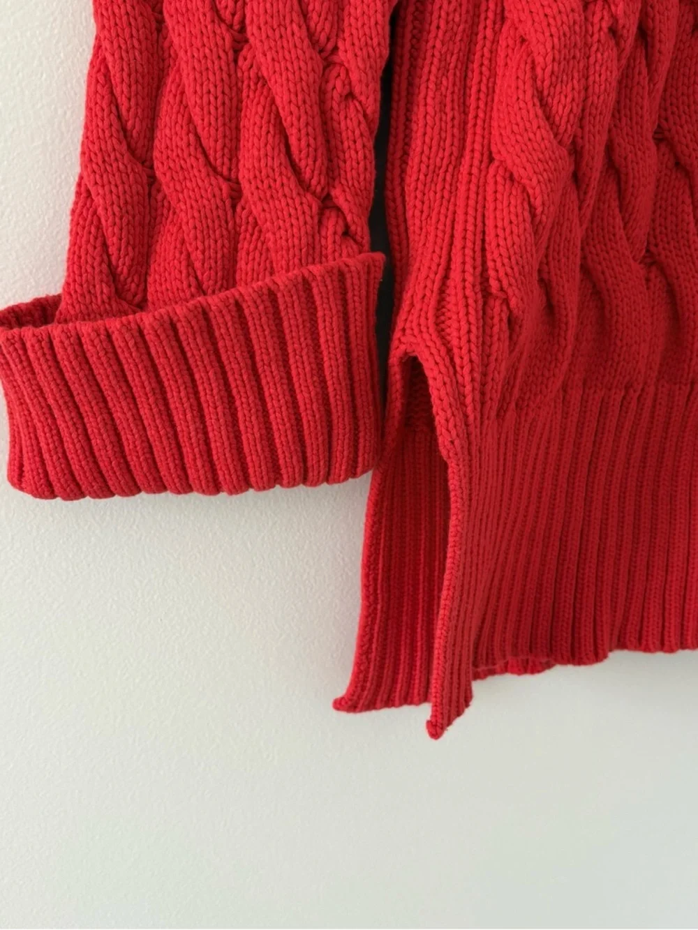 J. Crew Cotton cable-knit side-slit crewneck sweater chunky Size S/M Red‎
